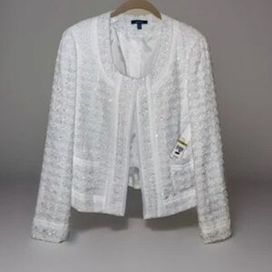 Rafaella White Textured Tweed Collarless Jacket